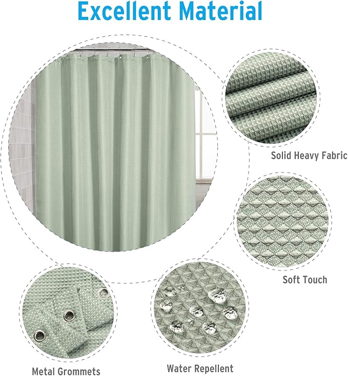 AmazerBath Sage Green Shower Curtain Fabric, Waffle Shower Curtain Cloth, Heavy Duty 240GSM, Hotel Quality Bathroom Shower Curtains, 72 x 72 Inches