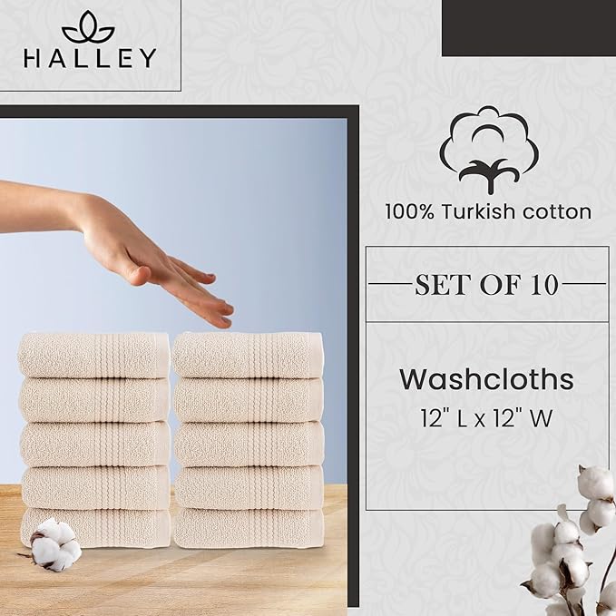 HALLEY Turkish Cotton Towels (Pack of 10) Washcloths Super Soft Highly Absorbent 100% Cotton Fingertip Towels for Bathroom and Kitchen for Mother’s Day (Ivory White)