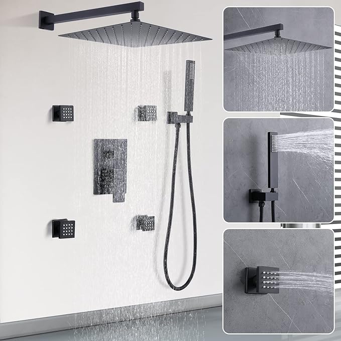 Enga Matte Black Rain Shower System with 4 Body Jets 12inch Wall Mount Rainfall Shower, All Metal Multi Shower Head System with Rough-in Valve