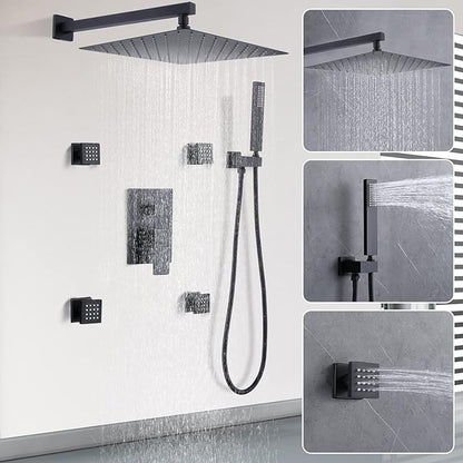 Enga Matte Black Rain Shower System with 4 Body Jets 12inch Wall Mount Rainfall Shower, All Metal Multi Shower Head System with Rough-in Valve