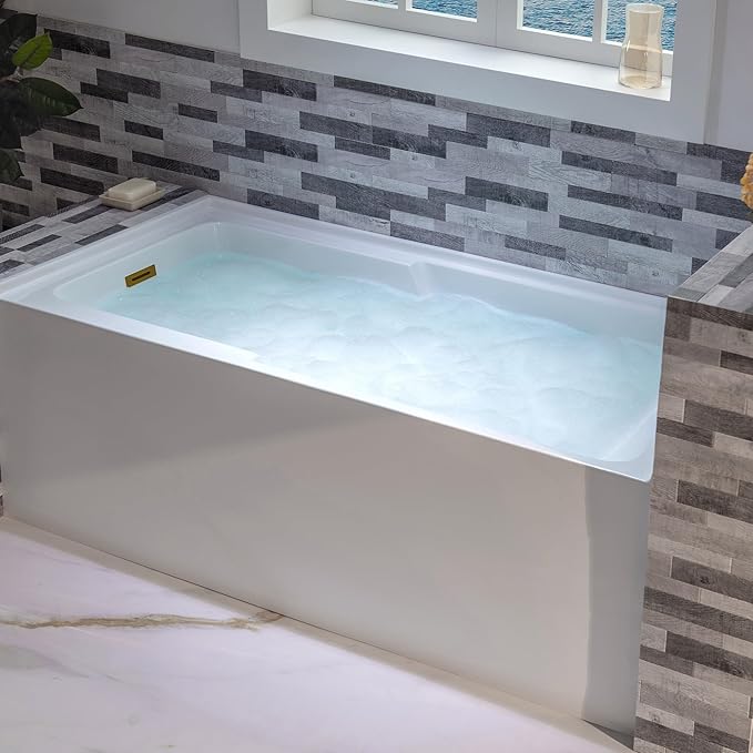 WOODBRIDGE 54" Acrylic Rectangular Alcove Soaking Bathtub in White with Left Drain, Brushed Gold pop-UP Drain Included BA5430L