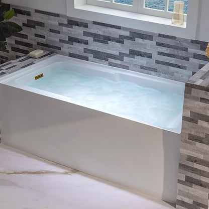 WOODBRIDGE 60" Acrylic Rectangular Alcove Soaking Bathtub in White with Left Drain, Brushed Gold pop-UP Drain Included BA6030L