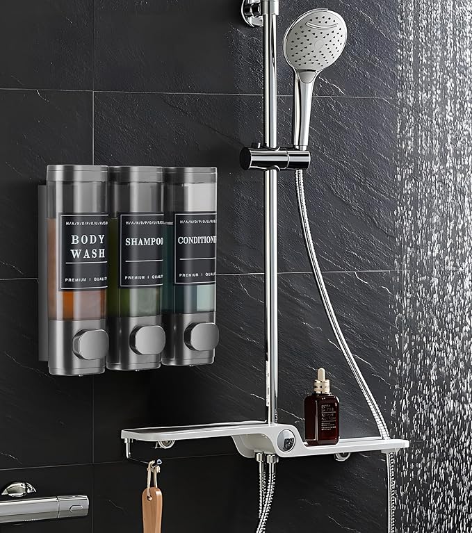 Shower Soap Dispenser Wall Mounted No Drill Shampoo Dispenser for Shower Wall Shampoo and Conditioner Dispenser Bathroom Hotel 3 * 300ml Gungray with Labels