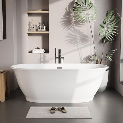 Freestanding Bathtub, 67 Inch Acrylic Soaking Tub, Elliptical Design with Chrome Drain & Overflow, White Finish for Contemporary Bathrooms