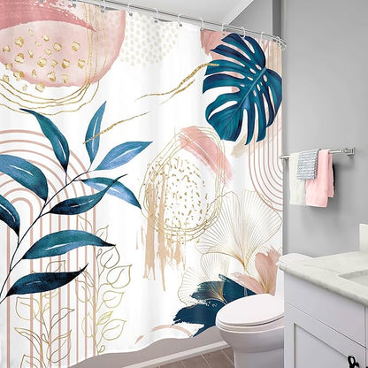 Pink Blue Boho Shower Curtain Modern Abstract Tropical Palm Leaves Bohemian Minimalist Gold Leaf Mid Century Plant Botanical Bathroom Decor 72Wx72H Bath Curtain Fabric Polyester 12 Pack Hooks
