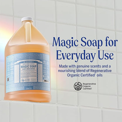 Dr. Bronner's Pure-Castile Magic Soap Liquid (Baby Unscented, 1 Gallon) – Made with Regenerative Organic Certified Oils- For Sensitive Skin, Babies, Face, Hair, Laundry, Dishes, Hand Soap & Body Wash