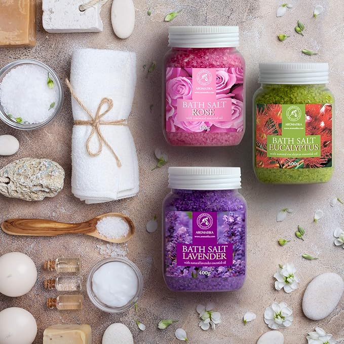 Bath Salts Set 42 Oz - Lavender - Rose - Eucalyptus - 100% Bath Salts - Lavanda Rosa Eucalitpus Salt - Best for Good Sleep - Stress Relief - Bathing - Body Care - Beauty - Relaxation - Spa