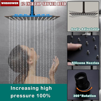 12"+8"+8" Triple Shower Heads Shower System Oil Rubbed Bronze Body Jets Shower Set with Handheld Sprayer and Temperature Display Valve,Full Body Shower System