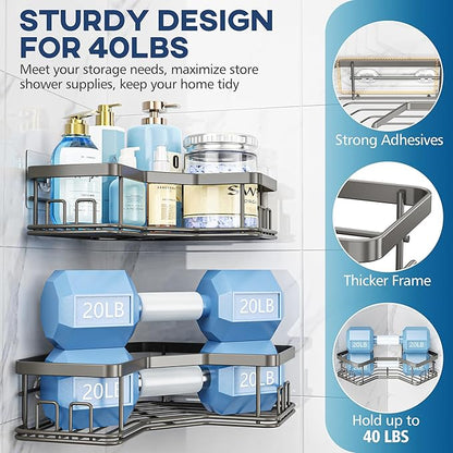 MAXIFFE 3 Pack Corner Shower Caddy with Soap Holder, Large Capacity Sturdy Easy Install No Drilling Stainless Steel Hold 40 LBS Shower Organizer Shelves Rack Storage for Family Renters Bathroom, Grey