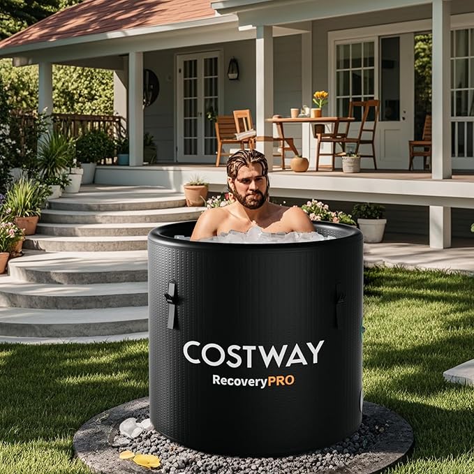 COSTWAY L 79 Gal Oval Ice Bath Tub with Cover, Portable Outdoor Inflatable Cold Plunge Tub with Backpack, Pump, for Cold Therapy, Compatible with Water Chillers, Black
