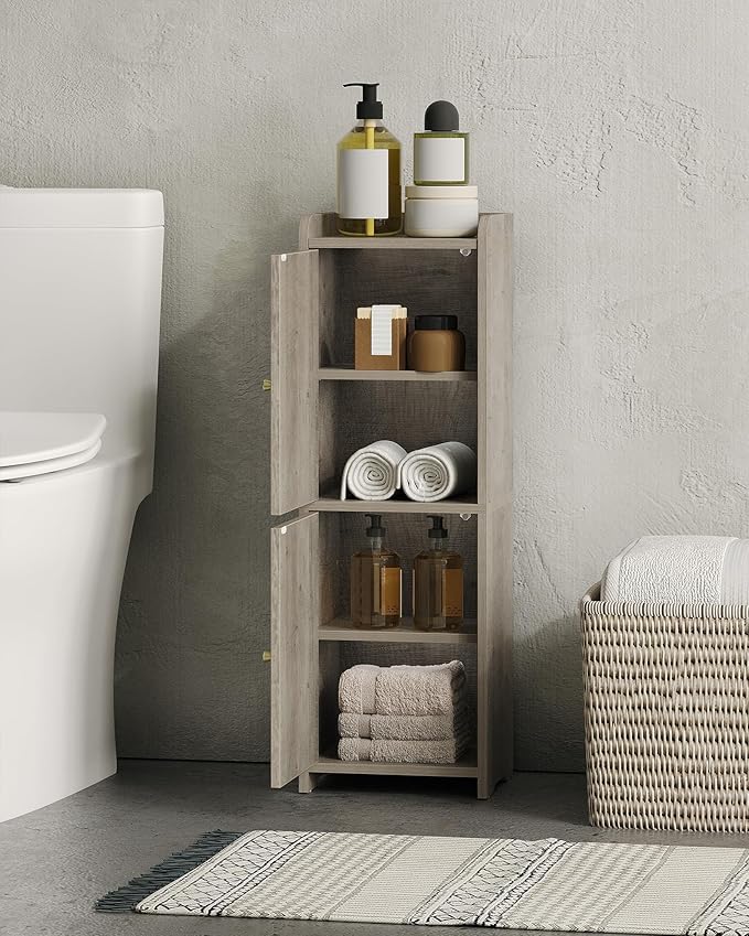 Bathroom Storage Cabinet, Corner Floor Cabinet with 2 Doors and Adjustable Shelf, Narrow Toilet Paper Cabinets, Bathroom Organizer for Small Spaces, 7.9" D x 9.8" W x 29.5" H Greige