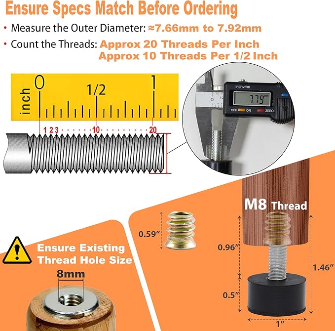 M8 Rubber Adjustable Furniture Leveler，8 Pack Leveling Feet Screws in Threaded, Feet Levelers Screw On Furniture Glide Leveling for Table, Chair, Furniture Legs