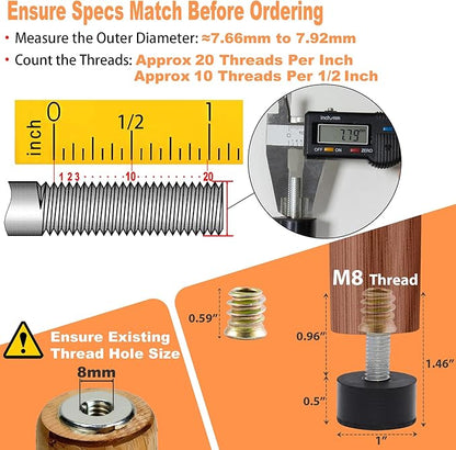 M8 Rubber Adjustable Furniture Leveler，8 Pack Leveling Feet Screws in Threaded, Feet Levelers Screw On Furniture Glide Leveling for Table, Chair, Furniture Legs