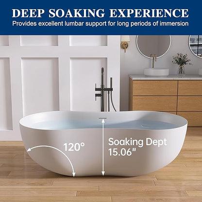 67 Inch Stone Resin Freestanding Bathtub, Contemporary Peanut Oval Stand Alone Soaking Tubs, Solid Surface Bathtub with Drain & Integrated Slotted Overflow Matte White AM331-1700