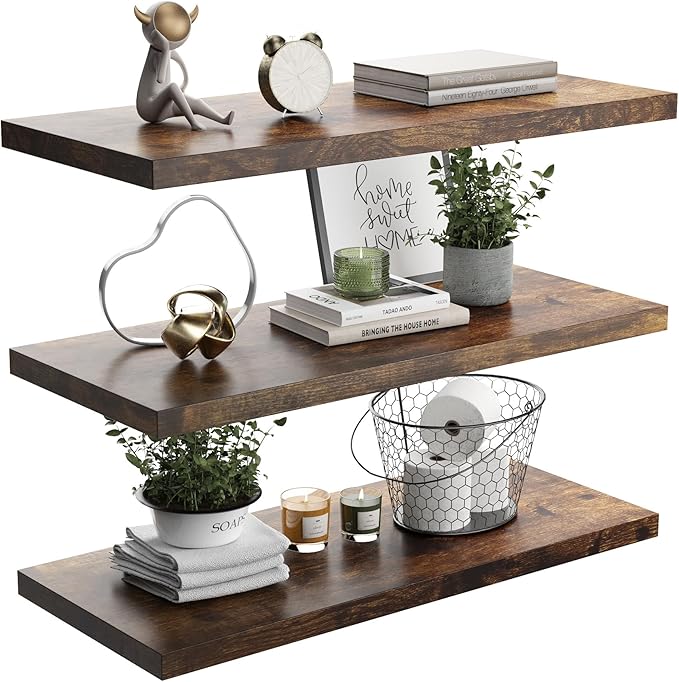 Wall Shelf Set of 3, Rustic Brown Floating Shelves 30 in W x 10 in D x 1 in H, Wooden Floating Wall Shelf with Invisible Brackets for Living Room/Bedroom/Bathroom/Kitchen Storage and Decor