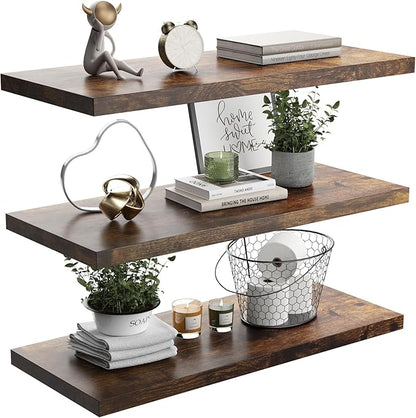 Wall Shelf Set of 3, Rustic Brown Floating Shelves 36 in W x 10 in D x 1 in H, Wooden Floating Wall Shelf with Invisible Brackets for Living Room/Bedroom/Bathroom/Kitchen Storage and Decor