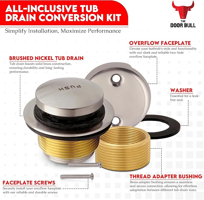 Tip-Toe Bathtub Drain Trim Kit with Two-Hole Overflow Faceplate – All Brass Tub Drain Stopper Replacement – Fits Fine or Coarse Thread Drain Shoe – Universal Tub Drain Assembly