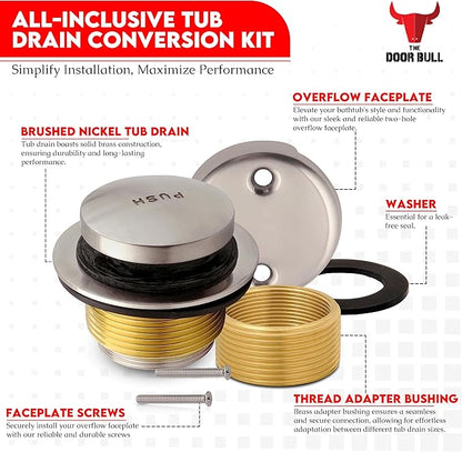 Tip-Toe Bathtub Drain Trim Kit with Two-Hole Overflow Faceplate – All Brass Tub Drain Stopper Replacement – Fits Fine or Coarse Thread Drain Shoe – Universal Tub Drain Assembly