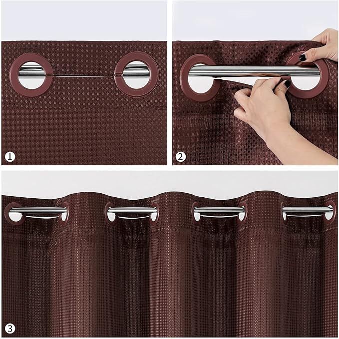 MitoVilla No Hooks Required Extra Long Shower Curtain Liner Set, 86 inch XL Brown Waffle Heavyweight Fabric Cloth Shower Curtains Set with Snap-in Liner for Modern Luxury Hotel & Spa Bathroom Decor