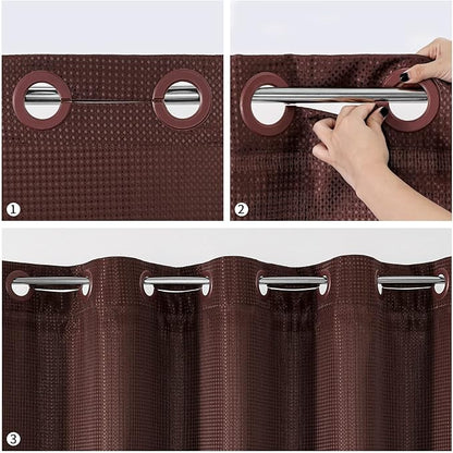 MitoVilla Brown Waffle Small Stall Shower Curtain Liner Set 36 x 74, No Hooks Required Half Size Narrow Fabric Shower Curtain Set with Snap-in Liner for Modern Farmhouse Bathroom Decor, Dark Brown