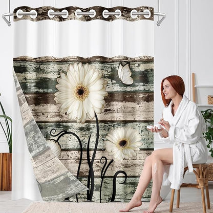 No Hook Vintage Flower Shower Curtain with Snap in Fabric Liner Set, Daisy Wooden Boards Double Layers Waterproof Fabric with See Through Top Window Open Grommet Bath Curtain 71x74 Inch
