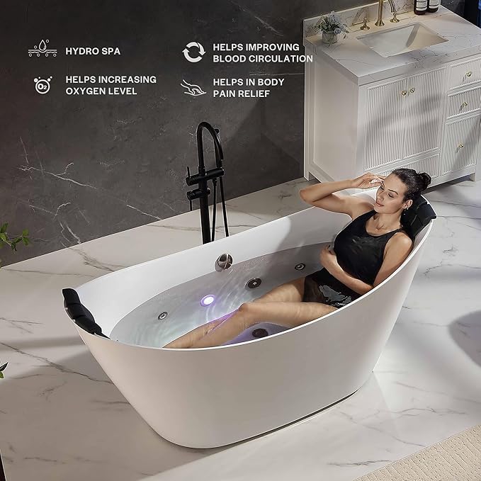 Empava Update Acrylic Whirlpool Bathtub, 67-Inch Freestanding Boat Shaped Jetted Bathtub with Healing Chromotherapy, 18 Hydromassage Jet, Double-Ended Massage Bathtub with Two Black Pillows