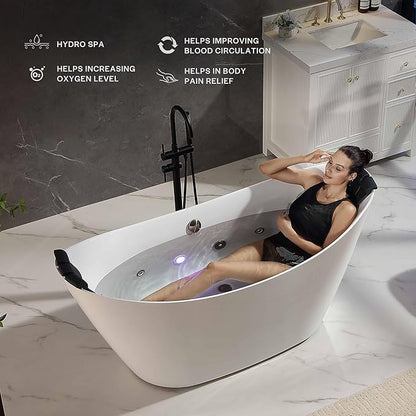 Empava Update Acrylic Whirlpool Bathtub, 67-Inch Freestanding Boat Shaped Jetted Bathtub with Healing Chromotherapy, 18 Hydromassage Jet, Double-Ended Massage Bathtub with Two Black Pillows