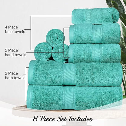 BLUENILEMILLS Madison Egyptian Cotton Towels, Towel Set for Bathroom, Shower, Hotel, Plush, 800 GSM, Highly Absorbent and Ultra-Soft Towels, Bath Essentials, 8 Piece Assorted Towel Set, Turquoise