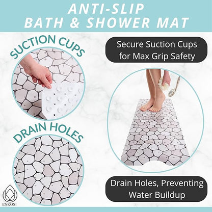 ENKOSI Bath Mat – Large 40 x 16 Inch Non-Slip Bathtub Mat with Secure Suction Cups & Drain Holes – Extra Long Bathroom Shower Mat for Tub with Grey Pebble Design (Grey Pebble 40x16)