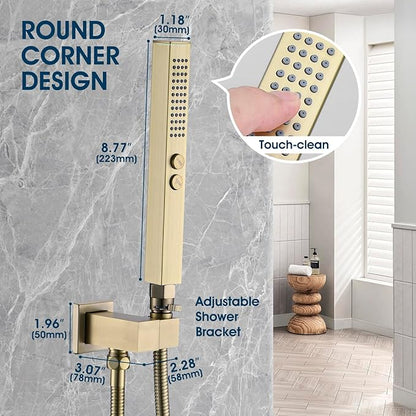 All-Metal High Pressure Square Handheld Shower Head with Jet Spray and Rainfall Modes, Volume Control Regulator, ON/OFF Switch, Hose and Wall Mounted Adjustable Bracket, Brushed Gold Color