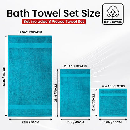 Infinitee Xclusives Luxury 100% Cotton Towel Set – 8 Piece Bathroom Towel Set (2 Bath Towels, 2 Hand Towels, 4 Washcloths) – Soft & Absorbent Towels for Bathroom (Serene Teal)