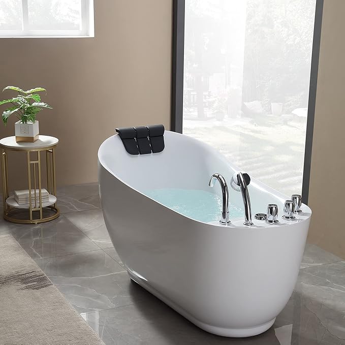 Empava 59 Inch Acrylic Freestanding Whirlpool Tub, Hydromassage Gracefully Oval Shaped Whirlpool 7 Water Jets Soaking SPA, Lumbar and Neck Support, Black Pillow, ETL Certified, White