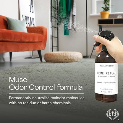 Muse Apothecary Home Ritual Active Odor Eliminator Spray - Furniture Deodorizer Spray & Bathroom Odor Eliminator for Home - Essential Oil Air Freshener - 4oz, Cara Orange + Fig + Blackberry Vanilla