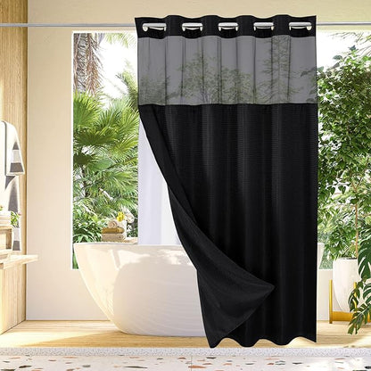 Gibelle Long Shower Curtain 72x80, Waffle Weave Bathroom Shower Curtain with Snap-in Fabric Liner Set, No Hooks Needed, Hotel Style with Mesh Top Window, Black