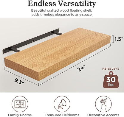 Floating Shelves for Wall, 9.3" Deep Wall Mounted Wood Shelves for Bathroom, Bedroom, Living Room, Kitchen, Hanging Shelf for Books/Storage/Room Decor (Oak, 24")