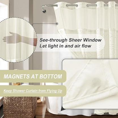 No Hooks Stall Shower Curtain with Snap in Liner- Water Repellent Tufted Chevron Striped Shower Curtains for Bath Tubs, Narrow Hotel Quality Bath Curtain Set, 36Wx74H, Beige