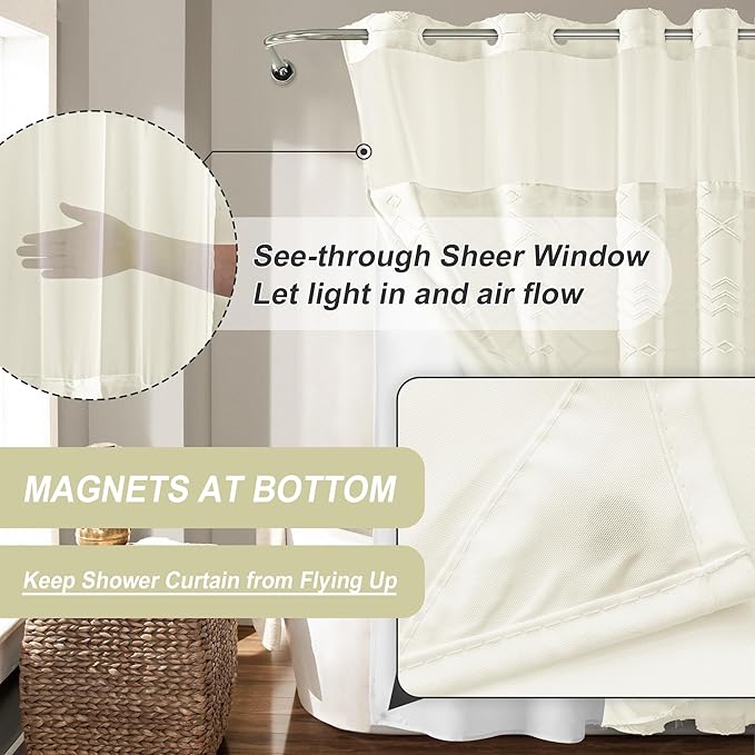 No Hooks Required Boho Farmhouse Shower Curtain Tufted Chevron Striped with Snap in Liner - 72W x 80H, Water Resistant Hotel Grade Spa Like Bathroom Curtain Set, Beige