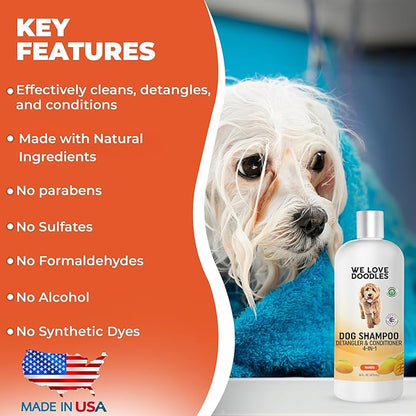 Dog Shampoo and Conditioner & Detangler - Best Goldendoodles, Poodles & Doodle Shampoo for Smelly Dogs - Sensitive Skin Puppy Shampoo - Made in The USA, Doodle Must Haves, 16OZ (Mango)