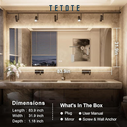 TETOTE Backlit Bathroom 84 x 32 Vanity Mirror with Light,3 Color White/Warm/Natural,Anti-Fog Lighted Mirror,Dimmable,Wall Mounted