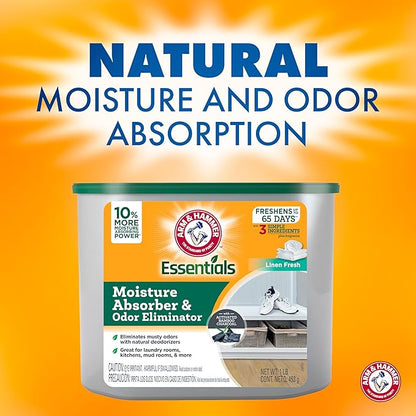 Arm & Hammer Essentials Disposable Moisture Absorber and Odor Eliminator Tub, Linen Fresh, 1 lb., 3-Pack, Attracts and Traps Excess Moisture, Ideal Closet Non-Electric Dehumidifier