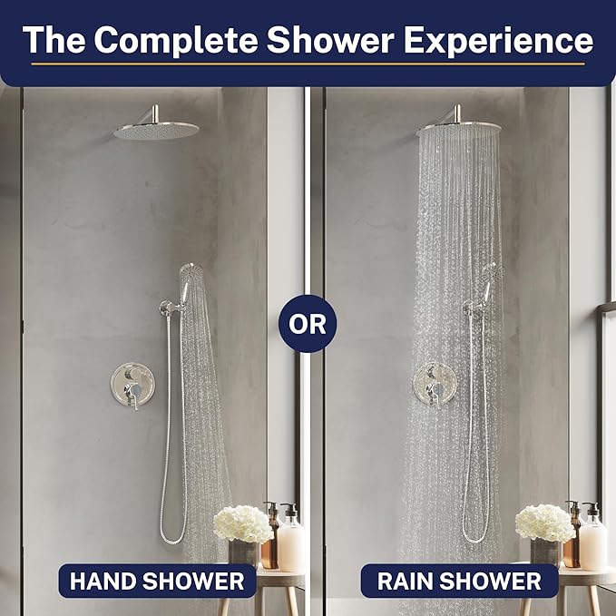 HammerHead Solid Metal Rain Shower System Set with Handheld and 10" Rainfall Head, Shower Valve and Trim Kit, 2-Handle Shower Faucet Set with 2 Way Diverter Body – Chrome