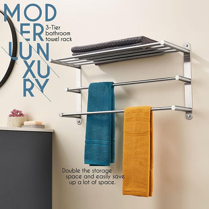 KOKOSIRI 3 Tier Bath Towel Bar 24 Inch Wall Mounting Rack with Towel Bars Towel Shelf with Single Towel Bar Bathroom Ladder, Brushed Steel, B5003BR