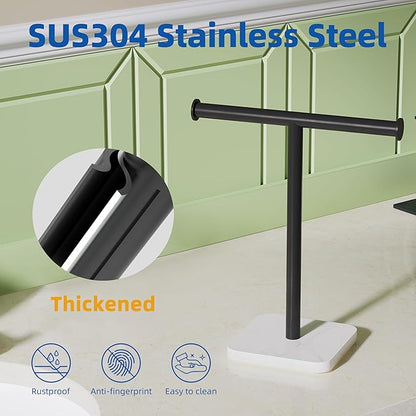 RUACQ Hand Towel Holder, T-Shape Free Standing Hand Towel Holder Stand with Marble Base, 304 Stainless Steel Hand Towel Stand for Bathroom Kitchen Vanity Countertop(Matte Black)