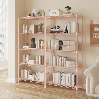 5 Tier Storage Racks Shelving, Heavy Steel Pantry Shelves, Adjustable Wire Shelving Rack, Suitable for Garage, Kitchen, Bathroom, Office, 29" W x 13.4" D x 59" H, Pink