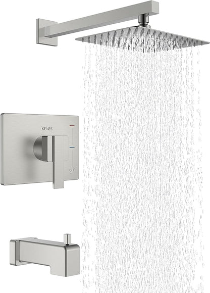 KENES Brushed Nickel Tub Shower Faucet Set Complete, Tub and Shower Trim Kit with 10-Inch Rain Shower Head, Square Shower System, KE-6024A (Shower Valve Included)