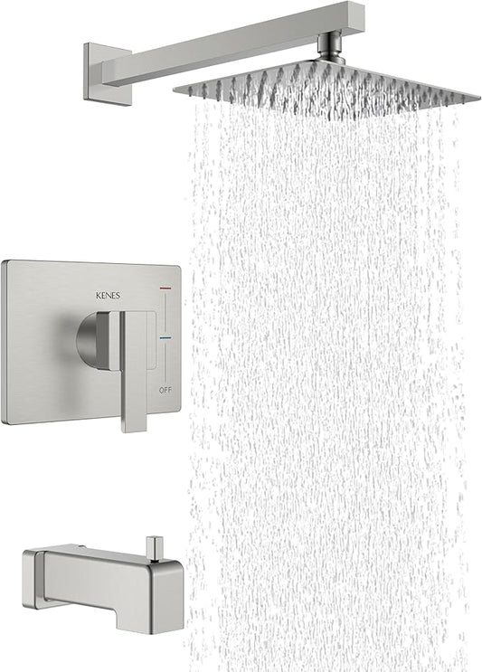 KENES Brushed Nickel Tub Shower Faucet Set Complete, Tub and Shower Trim Kit with 10-Inch Rain Shower Head, Square Shower System, KE-6024A (Shower Valve Included)