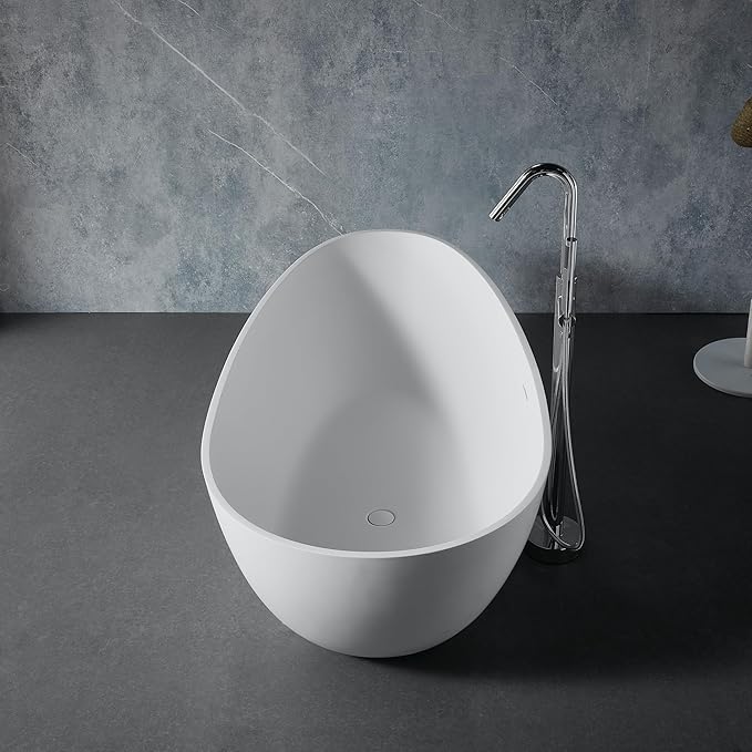 Abruzzo 67“ Solid Surface Freestanding Bathtub, Egg Shell Shaped Stone Resin Freestanding Tubs, Contemporary Oval Soaking Tubwith Overflow in Matte White, cUPC Certified