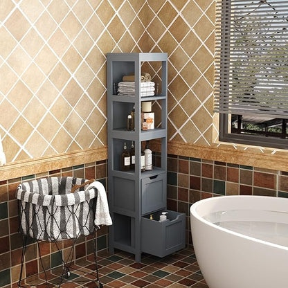 HOMEFORT Bathroom Storage Cabinet, Slim Tall Cabinet, Narrow Floor Cabinet Organizer, Wooden Linen Tower with 2 Drawers and 3 Shelves, Freestanding Storage Cupboard Grey