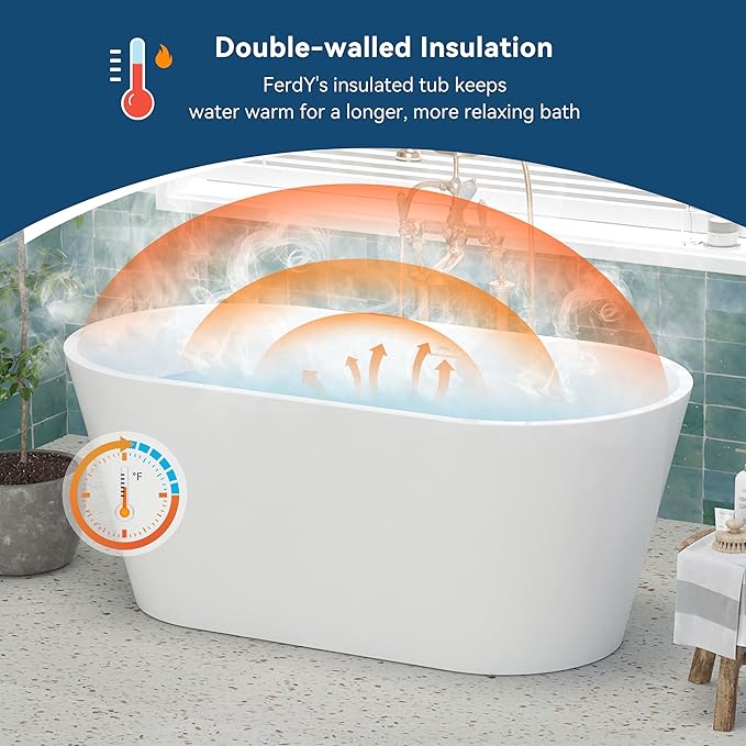 FerdY 59" Shangri-La Elite, Acrylic Freestanding Bathtub, Modern & Contemporary Design Soaking Tub with Polished Gold Pop-Up Drain and Minimalist Design Overflow, Glossy White, cUPC Certified