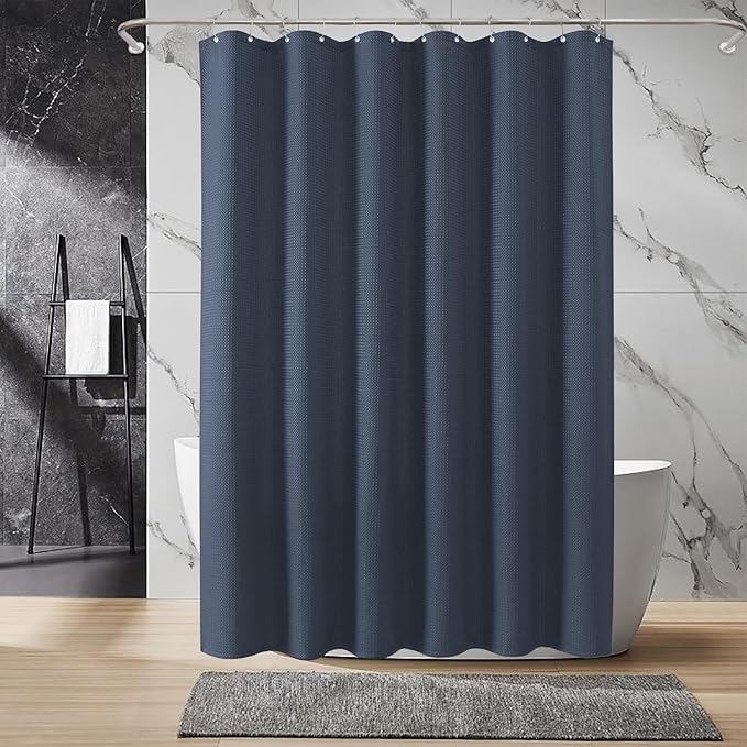 Inhousolu Fabric Shower Curtain Waffle Weave, Navy Blue 230 GSM Heavy Duty, Weighted Hem, 12 Metal Hooks, Water Repellent, Machine Washable, Hotel Spa Luxury Bath Curtain Set, 54 x 78 Inch